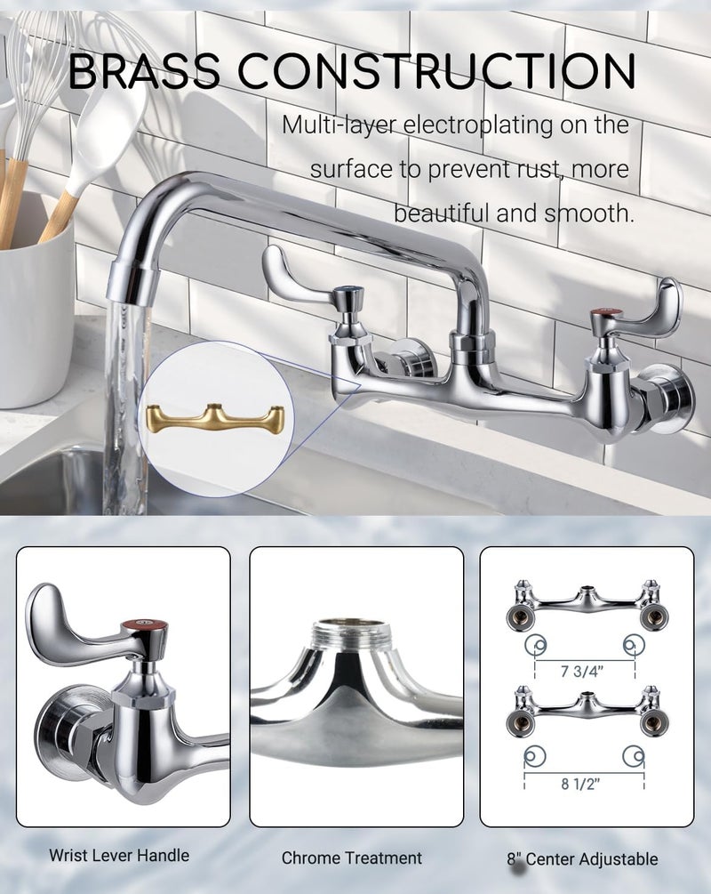 Phivan 8" Center Wall Mount Commercial Sink Faucet - 8 Inch Swivel Spout with Wrist Blade Handle, Chrome Brass Construction for Restaurant/Laundry/Utility Room/Industrial Compartment Kitchen Sinks - Image 4